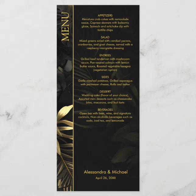 Modern Black Gold Tropical Leaves Wedding Menu