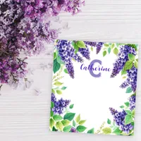 Purple Lilacs with Green Leaves Name and Monogram Notepad