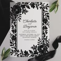 Black Elegant Floral Border Frame Wedding Vellum Invitations