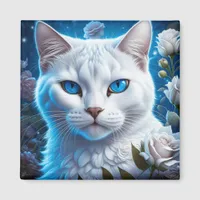 White Cat with Bright Blue Eyes Floral Magnet