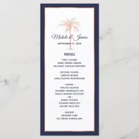Navy Blue Rose Gold Copper Palm Tree Wedding Menu