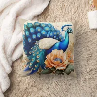 Colorful Peacock Displaying Feathers Among Flowers Throw Pillow