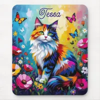 Pretty Colorful Impasto Cat and Flowers Mouse Pad