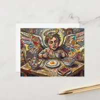 An anxious angel at breakfast postcard