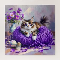 Cat with Purple Eyes in Purple Yarn and Flowers Jigsaw Puzzle