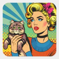 Cartoon Comic Pop Art Women Holding Cat Square Sticker