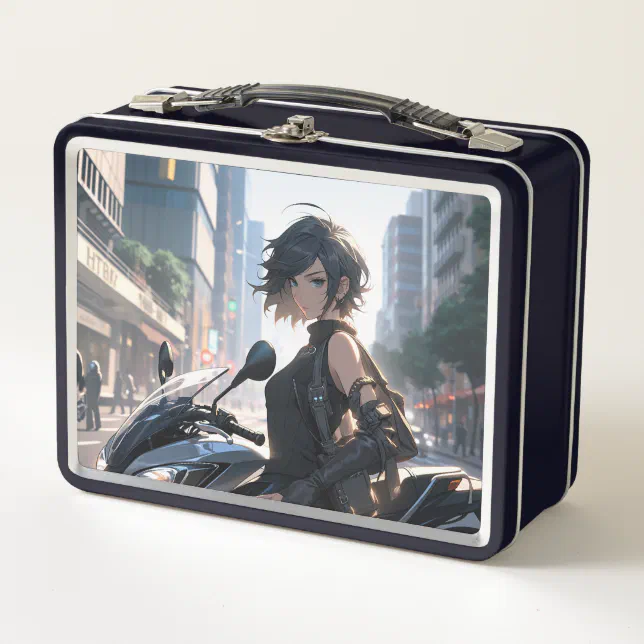 Anime woman biking downtown metal lunch box