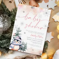 Winter blush and pink penguin Baby Shower Invitation