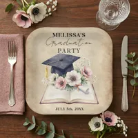 Vintage Floral Open Book Graduation Cap Party Paper Plates