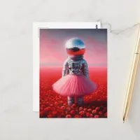 An astronaut in a tutu disco ball head poppies postcard
