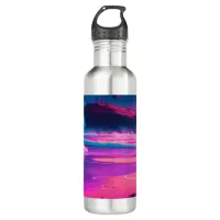 Pink Ocean and Palm Trees Digital Art  Stainless Steel Water Bottle