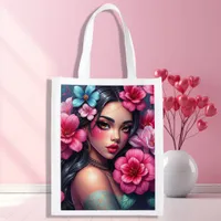 Beautiful Hispanic Anime Woman Grocery Bag