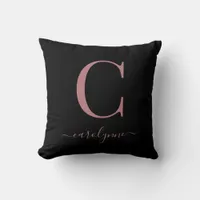 Elegant Black Rose Gold Monogram Script Throw Pillow