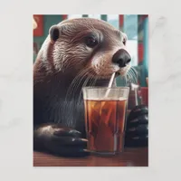 The Otter Drinking a Ice Tea in a Cafe Postcard