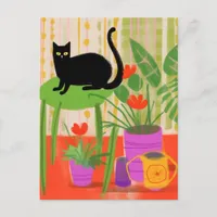 A Black Cat With Houseplants Postcard