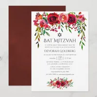 Marsala-Burgundy Floral Bat Mitzvah Invitation