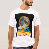 Full Moon, Skull and Blue Pumpkin at Night. T-Shirt