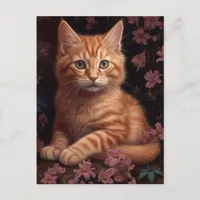 Beautiful Ginger Kitten With Pink Flowers Postcard