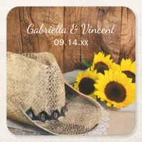 Cowboy Hat, Sunflowers, Barn Wood Western Wedding Square Paper Coaster