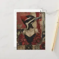Silly Woodpecker in a black dress mixed media art Postcard