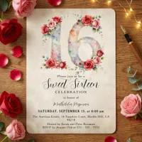 Vintage Watercolor Red Pink Roses Sweet 16 Invitation