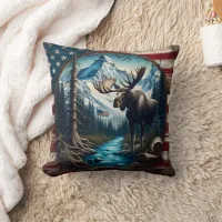 Moose in Mountain Landscape With American Flag Throw Pillow