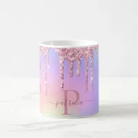 Holographic Pink Glitter Drips Elegant Monogram Coffee Mug