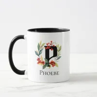 Initial P Monogram Christmas Berry Wreath Mug
