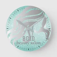 Beauty Salon Name Silver Foil + Aqua Blue Glitter Round Clock