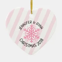 Personalize Couple's Photo Pink White Snowflake Ceramic Ornament