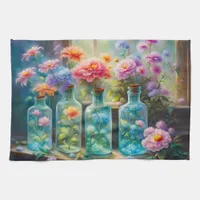 Flower vases filled with stunning, vibrant blooms  kitchen towel