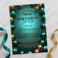 Shimmering Teal and Gold Balloons 50th Birthday Invitation