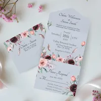 Wedding Dusty Blue and Pink Watercolor Floral  All In One Invitation