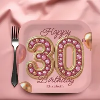 Luxury Glam Pink and Gold Gemstone 30th Birthday  Paper Plates