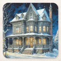 Pretty Illuminated Christmas House Square Paper Coaster