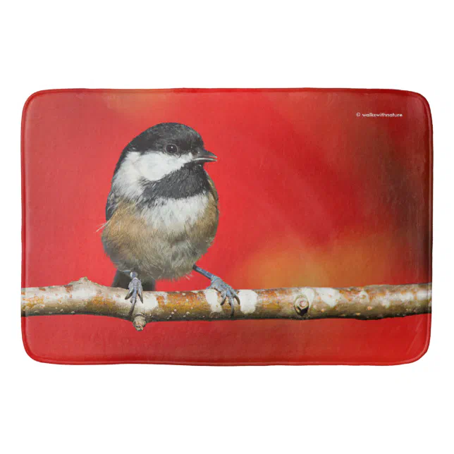 Black-Capped Chickadee on Autumn Red Background Bathroom Mat