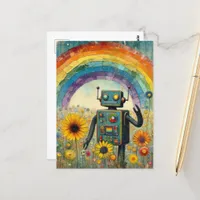 Robot in a Flower Meadow with a Rainbow Encaustic  Postcard