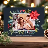 Navy Poinsettia Bouquet Christmas Photo Card