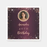 Birthday burgundy rose gold photo diamonds napkins