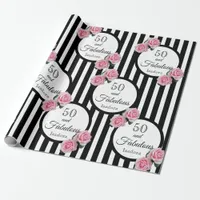 50th birthday black white stripes pink florals wrapping paper