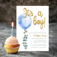It's a Boy Blue Balloon Baby Shower Gold Script Invitation
