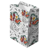 Floral Abstract Doodle Art Style Green Red Yellow  Medium Gift Bag