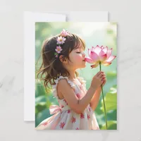 Pretty Little Girl Smelling a Pink Rose Postcard