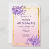 70th birthday party rose gold violet garden flower invitation