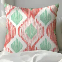 Chic Coral and Mint Ogee Ikat Pattern Throw Pillow