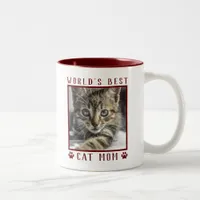 World's Best Cat Mom Paw Prints Pet Photo Burgundy Two-Tone Coffee Mug