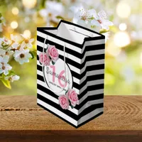 Sweet 16 black stripes pink florals name medium gift bag