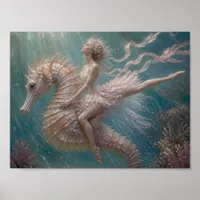 Cute Ballerina on Her Pink Seahorse Poster