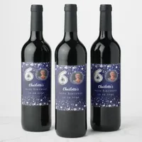 60th birthday navy blue silver stars photo wine label