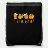 Tis The Season Lunch Lady Pumpkin Spice Fall Leave Drawstring Bag